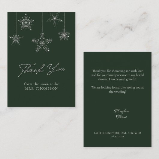 Snowflakes Glitter Green Winter Bridal Thank You Mitteilungskarte (Vorne/Hinten)