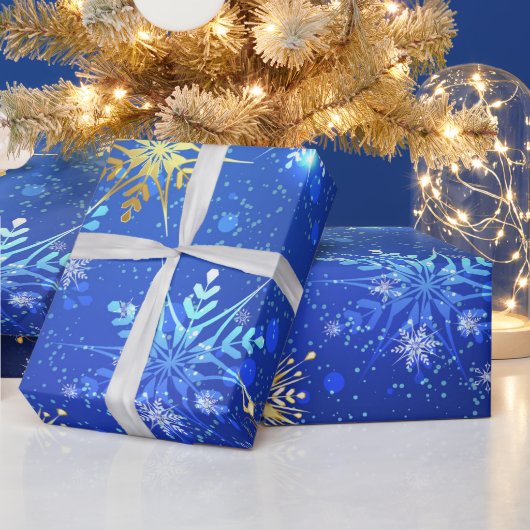 Snowflakes Gold Blue Xmas Weihnachtsgeschenk Geschenkpapier (Feiertage)