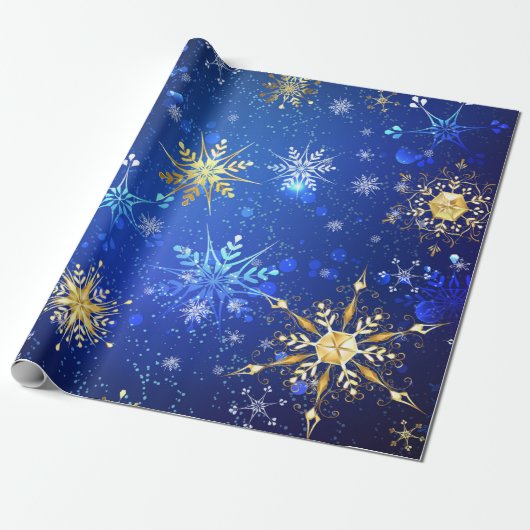 Snowflakes Gold Blue Xmas Weihnachtsgeschenk Geschenkpapier (Ungerollt)