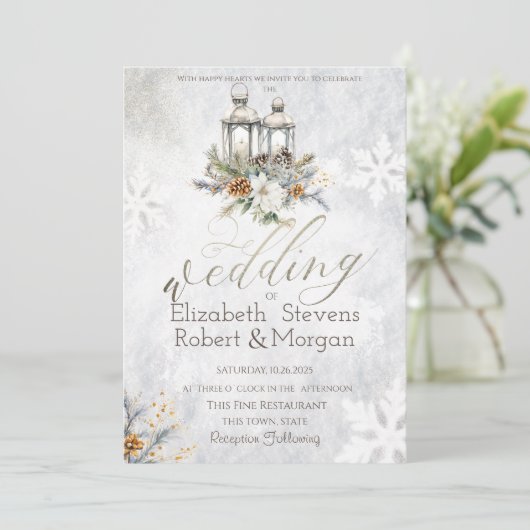 Snowflakes Lantern String Light Wedding Einladung (Stehend Vorderseite)