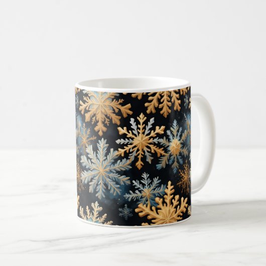  Snowflakes Magic Christmas Black Gold Blue Kaffeetasse (VorderseiteRechts)