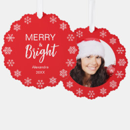 Snowflakes Merry Bright Christmas Photo Red White Ornament Karte