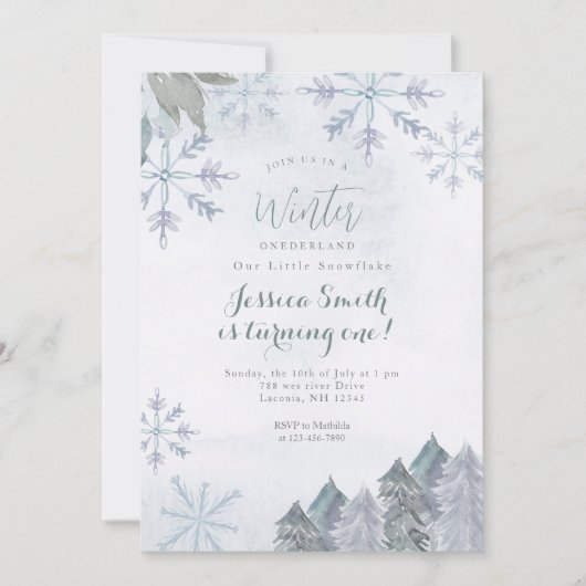Snowflakes Misty Winter Onederland Geburtstag Einladung (Vorderseite)
