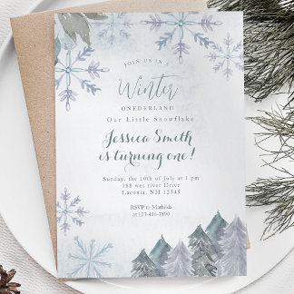 Snowflakes Misty Winter Onederland Geburtstag Einladung