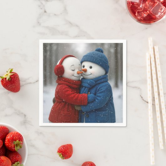 Snowflakes on Snowman Couple in Winter Forest Serviette (Beispiel)