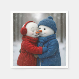 Snowflakes on Snowman Couple in Winter Forest Serviette