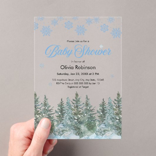 Snowflakes Pine Trees Winter Baby Shower Acryleinladungen (Insitu (Handheld))