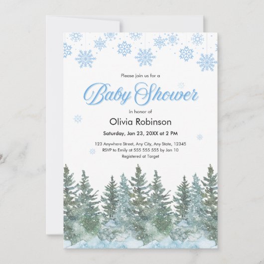 Snowflakes Pine Trees Winter Baby Shower Einladung (Vorderseite)