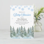 Snowflakes Pine Trees Winter Baby Shower Einladung (Stehend Vorderseite)