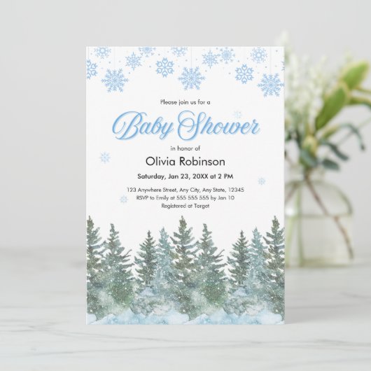 Snowflakes Pine Trees Winter Baby Shower Einladung (Stehend Vorderseite)