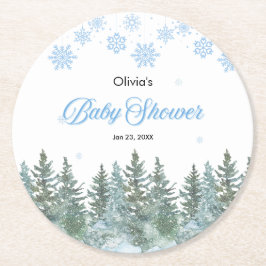 Snowflakes Pine Trees Winter Baby Shower Runder Pappuntersetzer