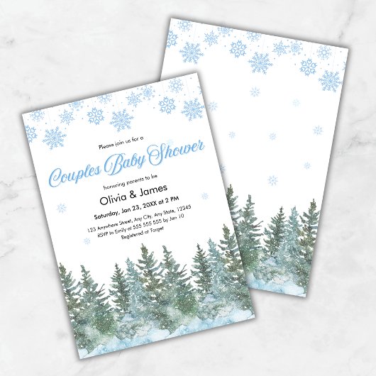 Snowflakes Pine Trees Winter Couples Baby Shower Einladung
