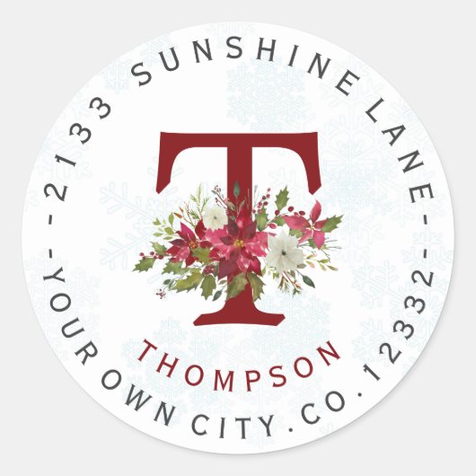 Snowflakes Poinsettia Monogram Address Label Runder Aufkleber (Vorderseite)