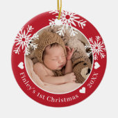Snowflakes Red Baby's First Christmas Foto Keramik Ornament (Vorne)