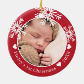 Snowflakes Red Baby's First Christmas Foto Keramik Ornament (Hinten)