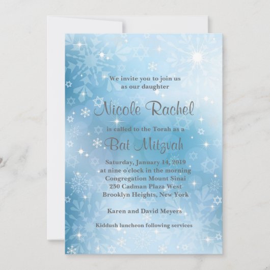 Snowflakes Star von David Bat Mitzvah Einladung (Vorderseite)