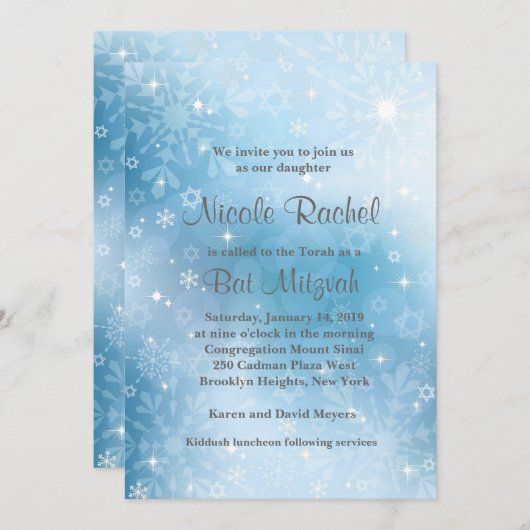 Snowflakes Star von David Bat Mitzvah Einladung (Vorne/Hinten)
