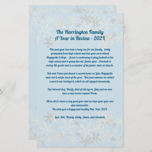 Snowflakes Weihnachts-Letter-Familie Jahr der Über Briefpapier (Vorne/Hinten)