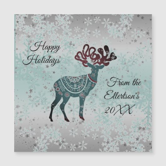 Snowflakes Whimsical Reindeer Christmas Glitter Magnetkarte (Vorderseite)