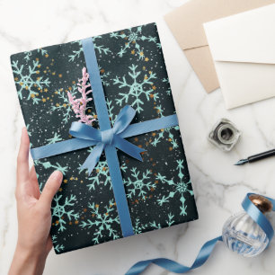Snowflakes White Blue in Black Night Sky Geschenkpapier