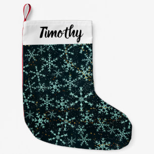 Snowflakes White Blue in Black Night Sky Kleiner Weihnachtsstrumpf