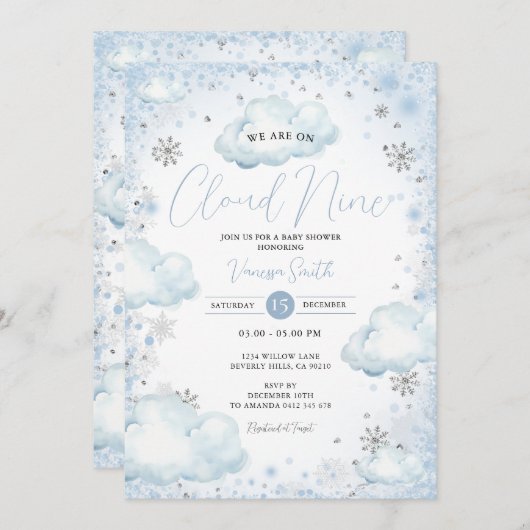 Snowflakes Winter We Are On Cloud Nine Baby Shower Einladung (Vorne/Hinten)