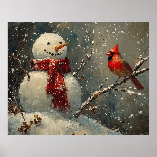 Snowman and a Cardinal Oil Painting Poster (Vorne)