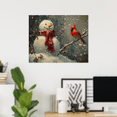 Snowman and a Cardinal Oil Painting Poster (Heimbüro)