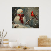 Snowman and a Cardinal Oil Painting Poster (Küche)