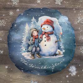 Snowman and Boy with Scarves Starry Night Monogram Rundes Kissen