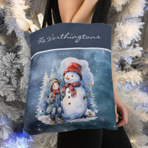 Snowman and Boy with Scarves Starry Night Monogram Tasche