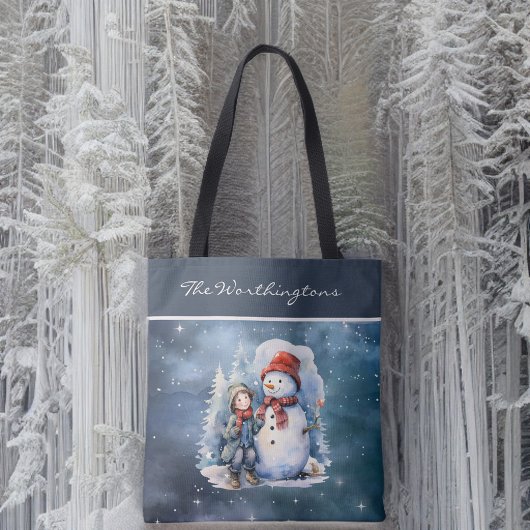 Snowman and Boy with Scarves Starry Night Monogram Tasche