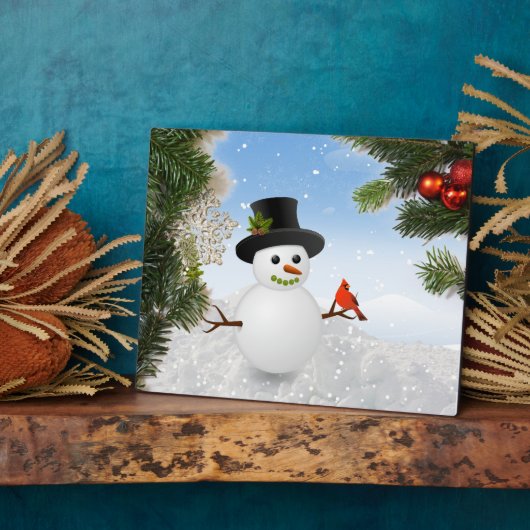 Snowman and Kardinal Bird Plaque Fotoplatte (Seite)