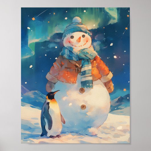 Snowman and Penguin Northern Lights Winter Nursery Poster (Vorne)