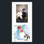 SNOWMAN AND PENGUIN'S WINTER SERENADE KARTE<br><div class="desc">Whimsical, colorful original pastel painting in blue white red colors, snowman and penguin playing violin in winter snow with red flowers, flourishes.by Bulgan Lumini (c)</div>