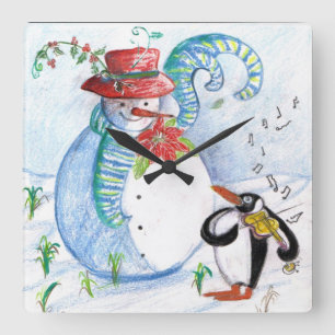 SNOWMAN AND PENGUIN'S WINTER SERENADE Musical Quadratische Wanduhr