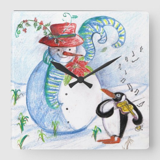 SNOWMAN AND PENGUIN'S WINTER SERENADE Musical Quadratische Wanduhr (Vorderseite)