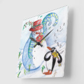 SNOWMAN AND PENGUIN'S WINTER SERENADE Musical Quadratische Wanduhr (Winkel)