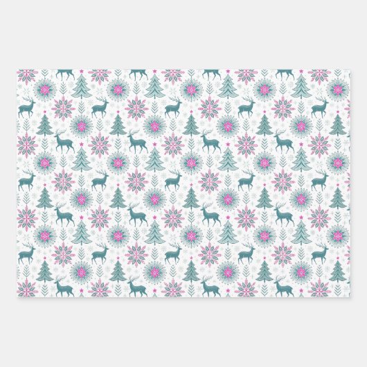 Snowman and Reindeers Patterns in Pink and Green Geschenkpapier Set (Vorderseite 3)