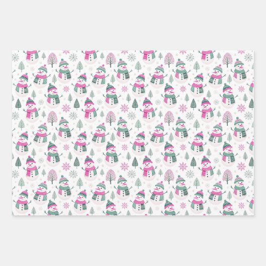 Snowman and Reindeers Patterns in Pink and Green Geschenkpapier Set (Vorderseite)