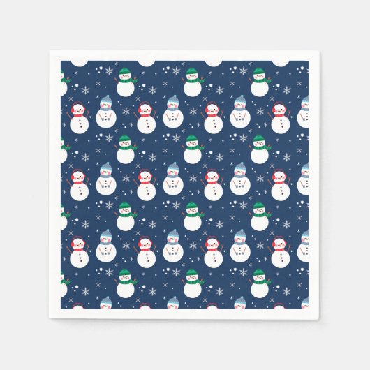 Snowman and Snowflakes Blue Pattern Cocktail Serviette (Vorderseite)