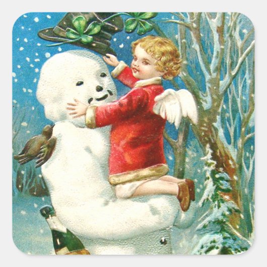 Snowman Angel Cherub Vierblättriges Kleeblatt Quadratischer Aufkleber (Vorderseite)