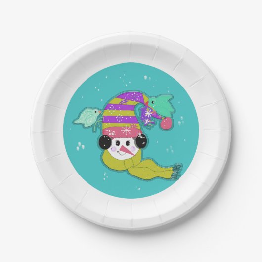 Snowman Aqua Winter Birds Paper Plate Pappteller (Vorderseite)