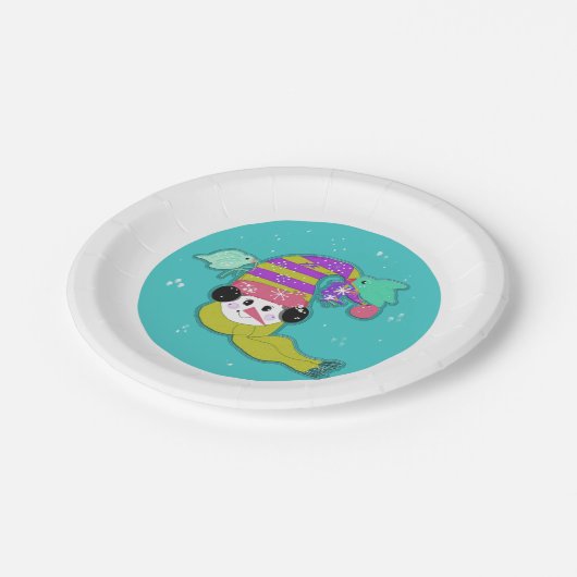 Snowman Aqua Winter Birds Paper Plate Pappteller (Schrägansicht)