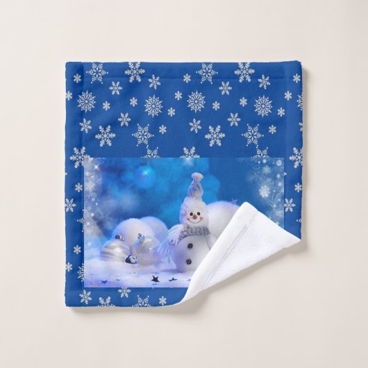 Snowman auf Blue Personalize Name Badezimmer Badhandtuch Set (Waschlappen)