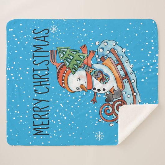 Snowman auf einer Schlitten-Fleece Sherpa Blanket Sherpadecke (Vorderseite (Horizontal))