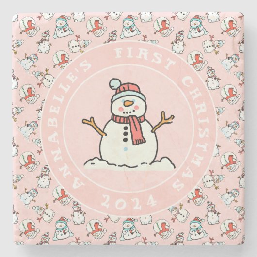 Snowman Baby's First Christmas Pink Name Steinuntersetzer (Vorderseite)