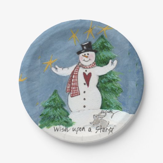 Snowman begrüßt Gemälde "Wish on a Star" Pappteller (Vorderseite)