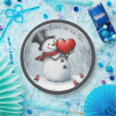 Snowman bietet Liebe mit einem großen Herz Pappteller (Party)
