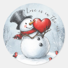Snowman bietet Liebe mit einem großen Herz Runder Aufkleber